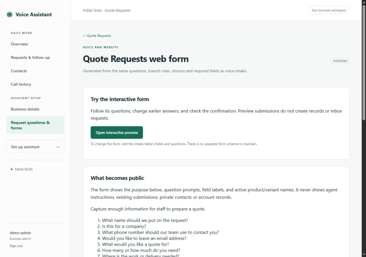 Actual Quote Requests web-form management screen with Open interactive preview and a review of the public questions.