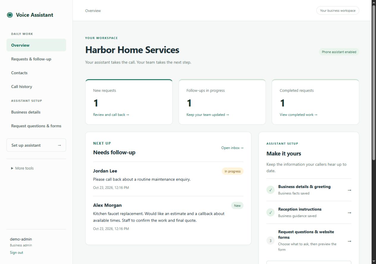 Example Harbor Home Services overview showing new, in-progress and completed requests beside the setup checklist.